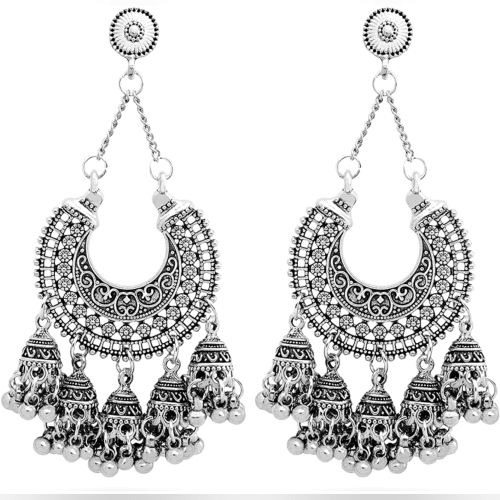 Exotic Indian Boho Silver Color Chandelier Earrings